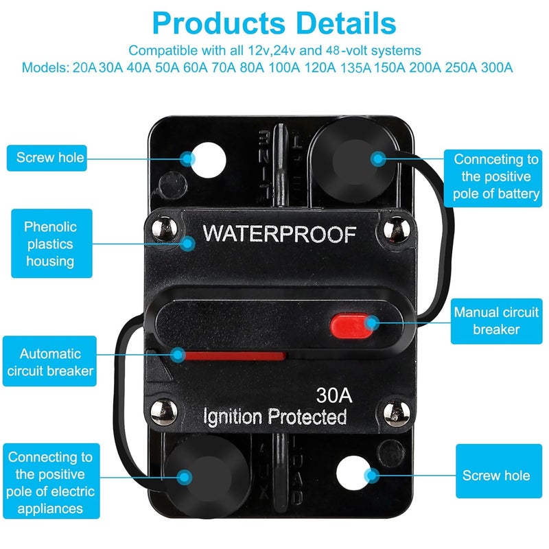 NOWEIERTON 30 Amp Audio Circuit Breaker,12V-48V DC Fuse Holder,30-300A Breaker Switch,Inline Circuit Breaker with Reset Button,for Automotive Marine Boat Audio System Current Overload Protection - Image 4